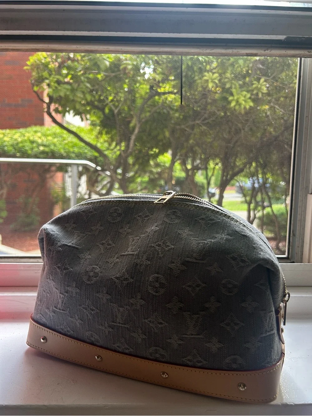 Louis Vuitton Gray Wash Denim Monogram Cosmetic Pouch w/ Natural Leather Trim GM